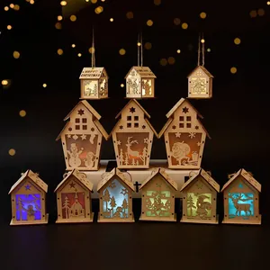 DIY Wooden Christmas LED Light House Ornament Glowing Cabin Xmas Tree Hanging Decoration For Holiday Home Tabletop Decor Gift