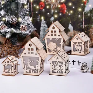 Set of 5 lighted wooden Christmas house ornaments with laser-cut reindeer and Santa motifs