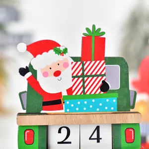 DIY Christmas wooden countdown calendar with Santa driving a green truck and gift boxes