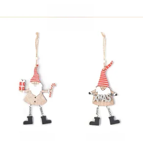 Détails d'ornements Père Noël en bois avec jambes à ressort et signes XMAS pailletés