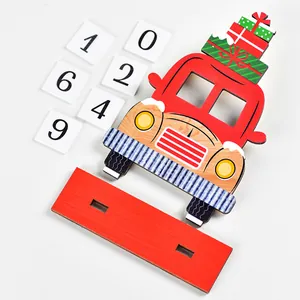Christmas DIY wooden advent calendar with red vintage car and numbered blocks for table decor