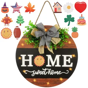 Interchangeable Seasonal Welcome Sign For Front Door Wooden LED Lighted Home Sweet Home Wreath Hanging Decor Seasonal Icons