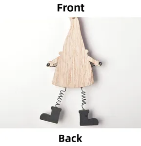 Détails avant et arrière d'un ornement de Noël en bois avec des jambes à ressorts