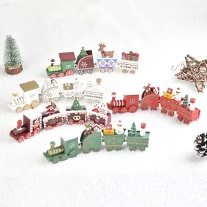Handcrafted Wooden Christmas Train Ornament 4 Sections Santa Snowman Reindeer For Holiday Tabletop Home Decoration Xmas Party Kids Gift