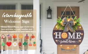 Detail of wooden home sign with warm LED lights and interchangeable seasonal icons
