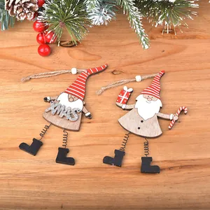 Ornements de Lutins de Noël en Bois avec Jambes à Ressort Métallique Inscription XMAS Boîte Cadeau Déco de Sapin