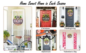 Macro detail of seasonal wooden door sign with various interchangeable festive ornaments