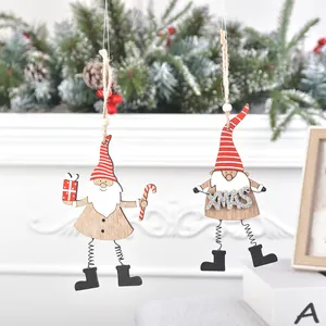 Gnomes de Noël en bois avec bonnets rayés et jambes à ressorts pour décoration sapin