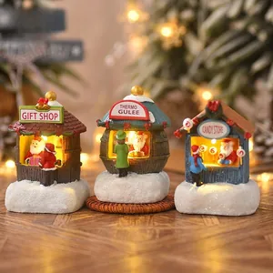 Miniature Resin Christmas House LED Glowing Santa Claus Candy Gift Shop Micro Landscape Desktop Ornament Festive Holiday Decoration Gift