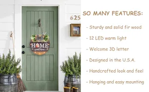 Detail of wooden home door sign with 12 warm LED lights and 3D lettering on a green door
