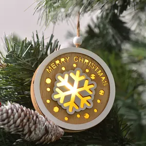 Lighted wooden Merry Christmas ornament with hollow snowflake design for tree decoration