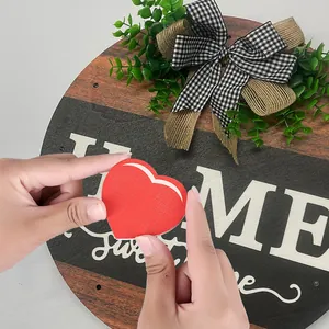 Wooden HOME Sweet Home wreath sign with green leaves and interchangeable red heart element