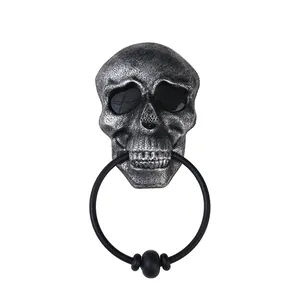 Antique silver skull door knocker with metal ring for Halloween spooky party decor