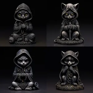 Macro detail of four mystical resin black cat figurines with gold accents for Halloween