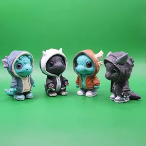 Front view of four mini resin dragon figurines wearing colorful hoodies and sneakers