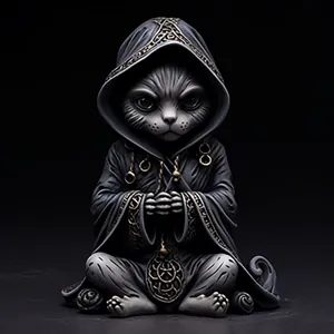 Detail of a mystical resin cat sculpture with hooded robe and golden Celtic knot patterns