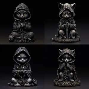 Gothic Black Cat Resin Figurine Halloween Dark Fantasy Monk Assassin Wizard Statue Home Decor Desktop Ornament Gift