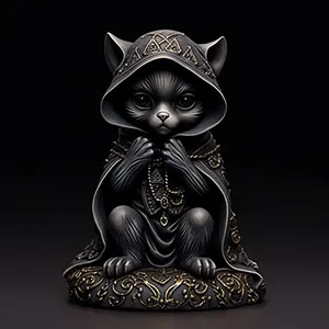 Gothic black cat resin figurine with gold filigree cloak for Halloween home decor