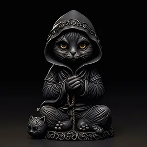 Gothic black cat nun figurine resin Halloween decor with rose hood and yellow eyes
