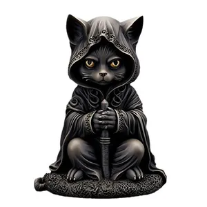 Gothic black cat resin ornament with yellow eyes and hooded cloak for Halloween decor