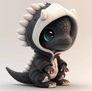 3D render of a cute grey dinosaur figurine in a hoodie for Halloween decor