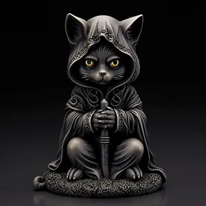 Statuetta gatto nero assassino di Halloween in resina con mantello e pugnale