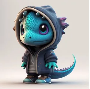 Blue baby dinosaur 3D figurine wearing a blue hoodie and sneakers, cute Halloween decor