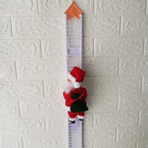 Close-up of electric climbing Santa Claus with a green bag on a white plastic ladder