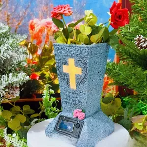 Solar powered stone cemetery vase with glowing cross and pink floral carvings