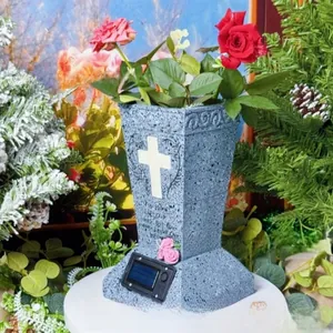 Solar powered cross cemetery vase with engraved poem and pink rose decoration
