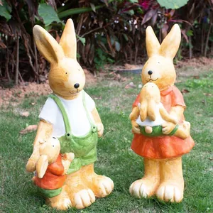 Detailed view of hand-painted resin rabbit statues for outdoor garden and lawn decoration
