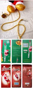 Macro detail of electric climbing Santa Claus with gold bead chain and packaging specs