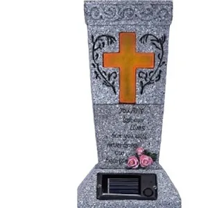 Solar powered cross garden memorial stone with glowing cross and pink roses décor