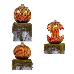 Macro view of glowing Halloween pumpkin lamp with lava effect and stone pedestal