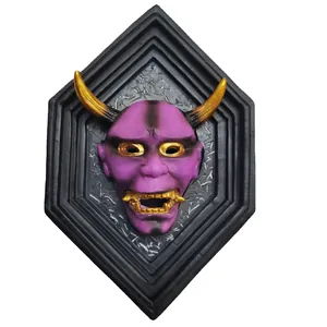 Purple Hannya resin mask with gold horns on a 3D black hexagonal frame for home decor
