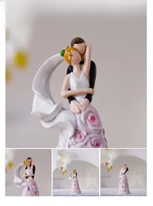 Detailed macro view of resin bride and groom figurines with pink rose accents on wedding dress