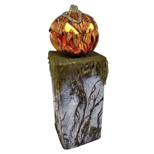 Spooky Halloween pumpkin lantern on rustic stone-textured pedestal with glowing lights