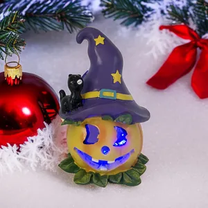 Citrouille d'Halloween Lanterne Ornement en Résine Avec Chapeau de Sorcier Et Chat Noir LED Lumineux Décoration de Bureau pour Fête