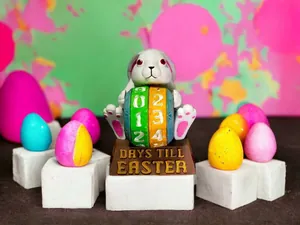 Detailed view of resin Easter bunny countdown calendar with rotatable number wheels