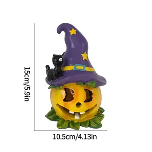 Figurine citrouille d'Halloween avec chapeau de sorcier violet et chat, déco résine 15cm