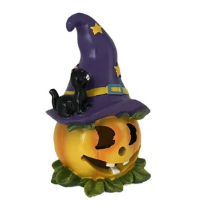 Citrouille d'Halloween avec chapeau de sorcier et chat noir figurine décorative
