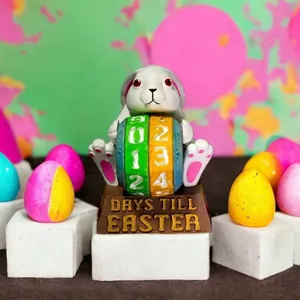 Easter Bunny Countdown Calendar Resin Statue Cute White Rabbit Tabletop Ornament With Rotating Number Wheel Holiday Decor