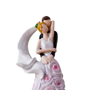 Romantic bride and groom resin figurine with pink roses for home and wedding decor
