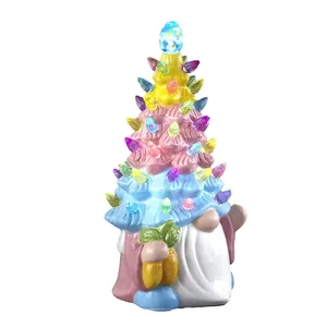 Macro shot of resin Easter gnome figurine with colorful bulbs and blue egg star
