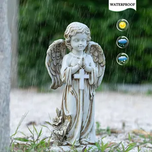 Waterproof resin angel statue with cross detail for garden and cemetery lawn decor