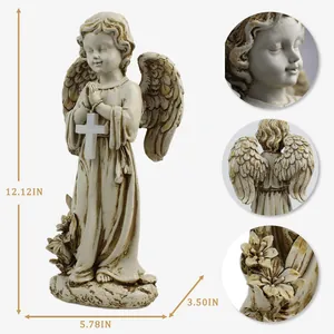 Detailed view of resin angel statue with vintage finish and specific size markings
