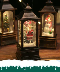 Close-up of vintage bronze Christmas lanterns with Santa, snowman and tree micro-scenes