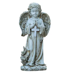 Resin praying angel statue with cross and wings for cemetery garden decoration