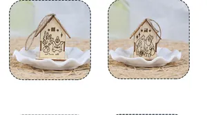 Detailed laser-cut wooden Christmas house ornaments with Santa and tree carvings