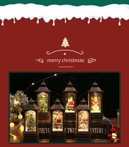 Close-up of vintage bronze Christmas lanterns with Santa figures and swirling glitter